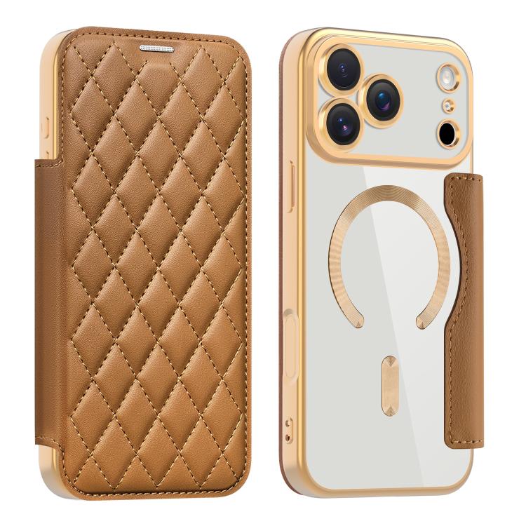 For iPhone 17 Pro Max Shield Magsafe RFID Anti-theft Rhombus Leather Phone Case
