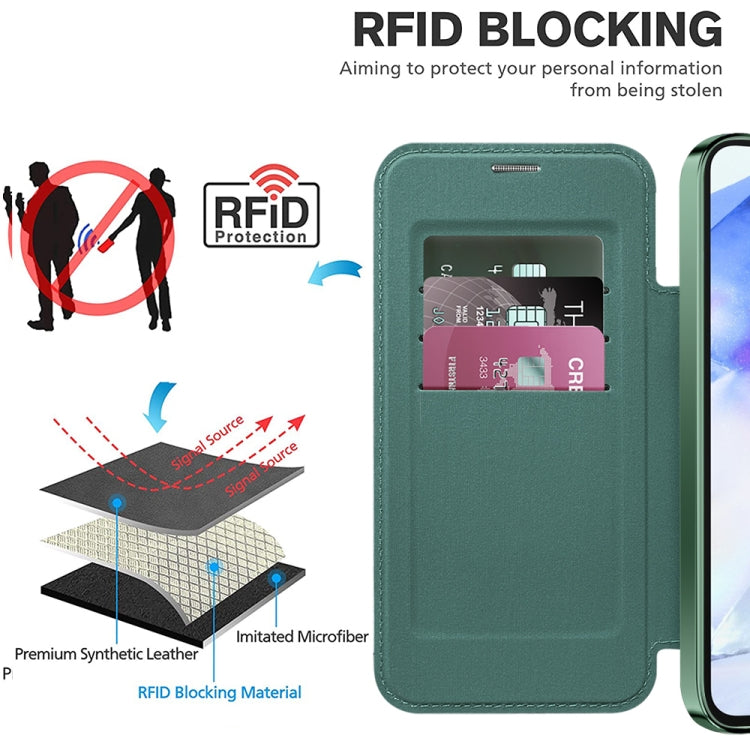 For Samsung Galaxy A55 5G Shield MagSafe RFID Anti-theft Rhombus Leather Phone Case
