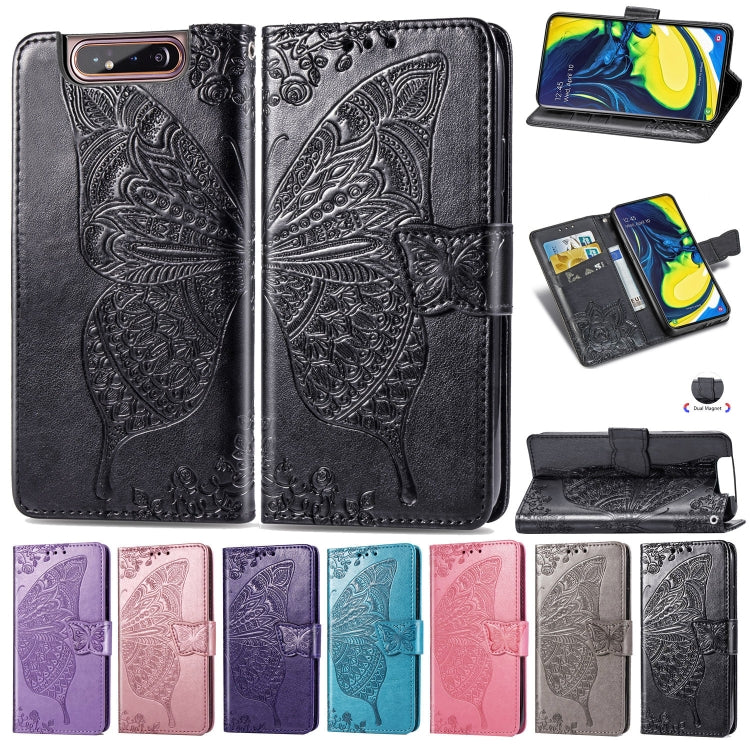 Butterfly Love Flowers Embossing Horizontal Flip Leather Case for Galaxy A80 / A90, with Holder & Card Slots & Wallet & Lanyard