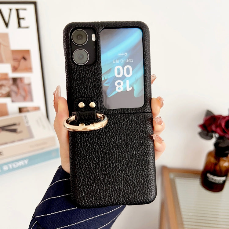For OPPO Find N2 Filp Litchi Texture Ring Holder Shockproof Phone Case
