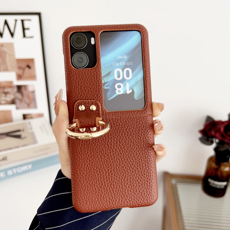 For OPPO Find N2 Filp Litchi Texture Ring Holder Shockproof Phone Case