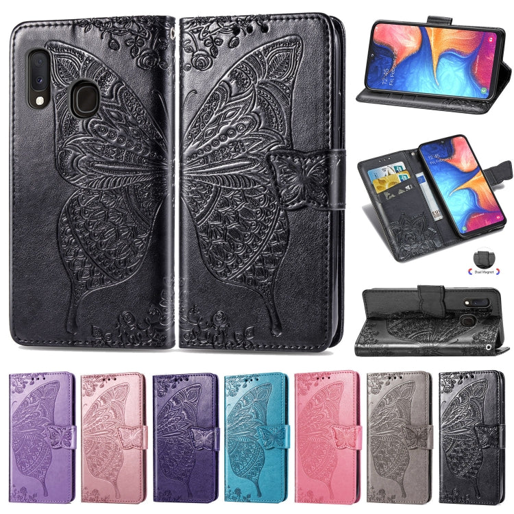 For Galaxy A20e Butterfly Love Flowers Embossing Horizontal Flip Leather Case with Holder & Card Slots & Wallet & Lanyard