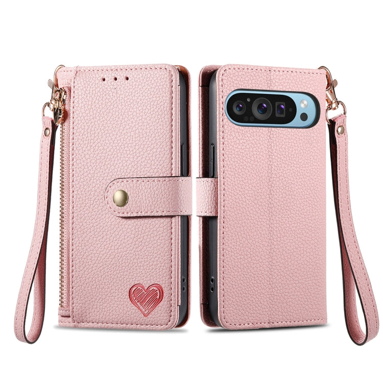 For Google Pixel 9 Love Zipper Lanyard Leather Phone Case
