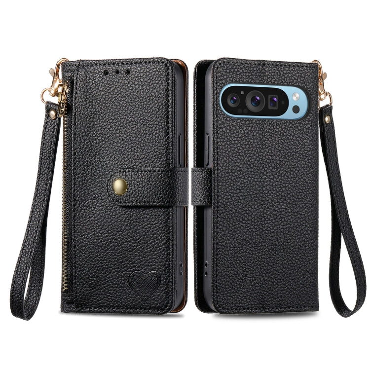 For Google Pixel 9 Love Zipper Lanyard Leather Phone Case