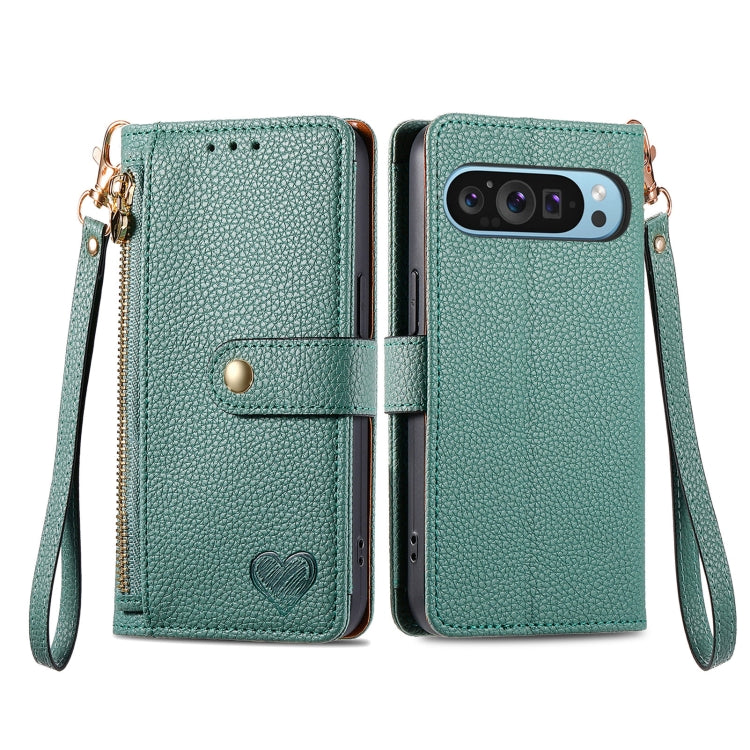 For Google Pixel 9 Love Zipper Lanyard Leather Phone Case