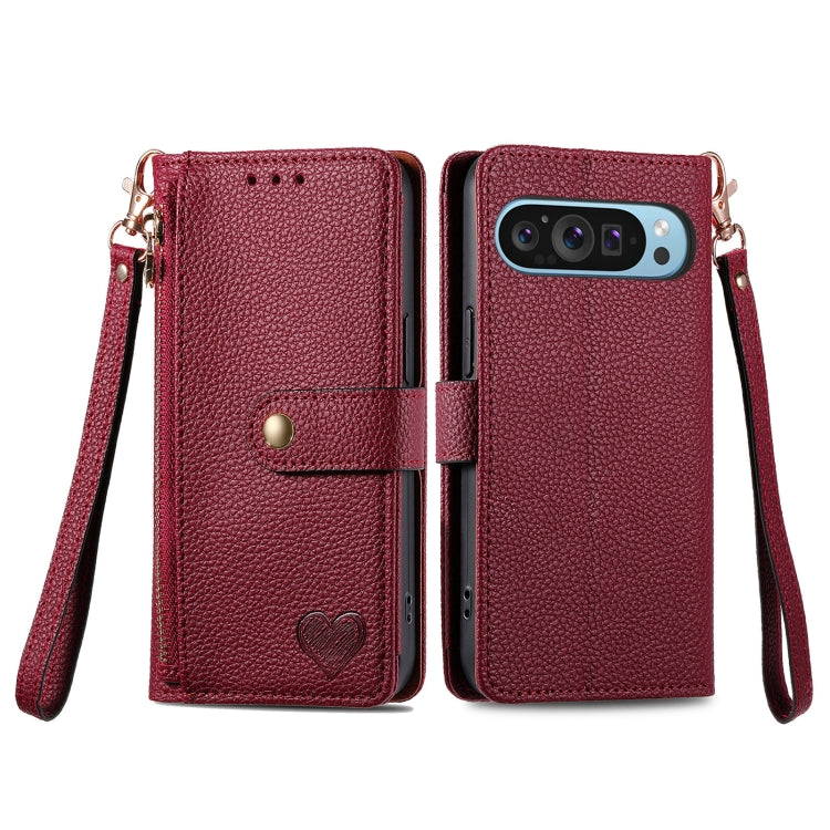 For Google Pixel 9 Love Zipper Lanyard Leather Phone Case
