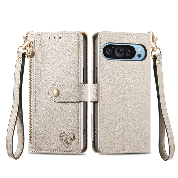 For Google Pixel 9 Love Zipper Lanyard Leather Phone Case