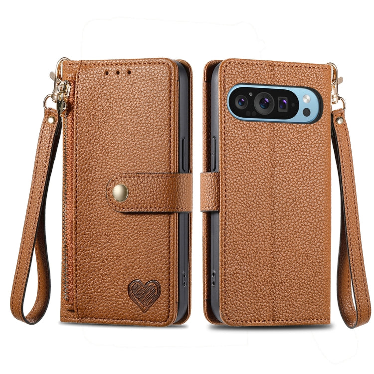 For Google Pixel 9 Pro Love Zipper Lanyard Leather Phone Case