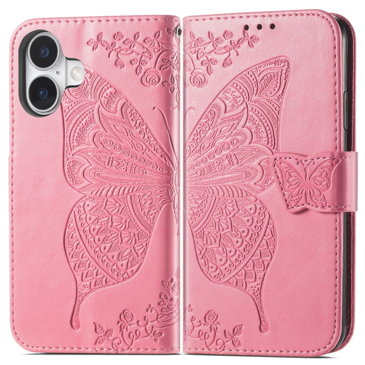 For iPhone 16 Butterfly Love Flower Embossed Leather Phone Case
