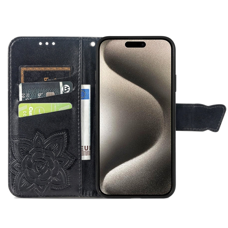 For iPhone 16 Butterfly Love Flower Embossed Leather Phone Case
