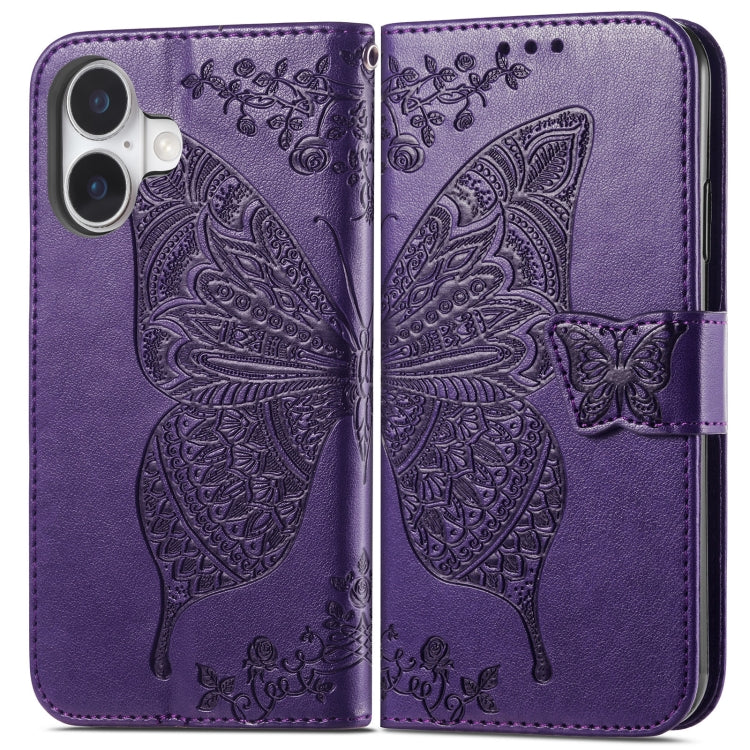 For iPhone 16 Butterfly Love Flower Embossed Leather Phone Case