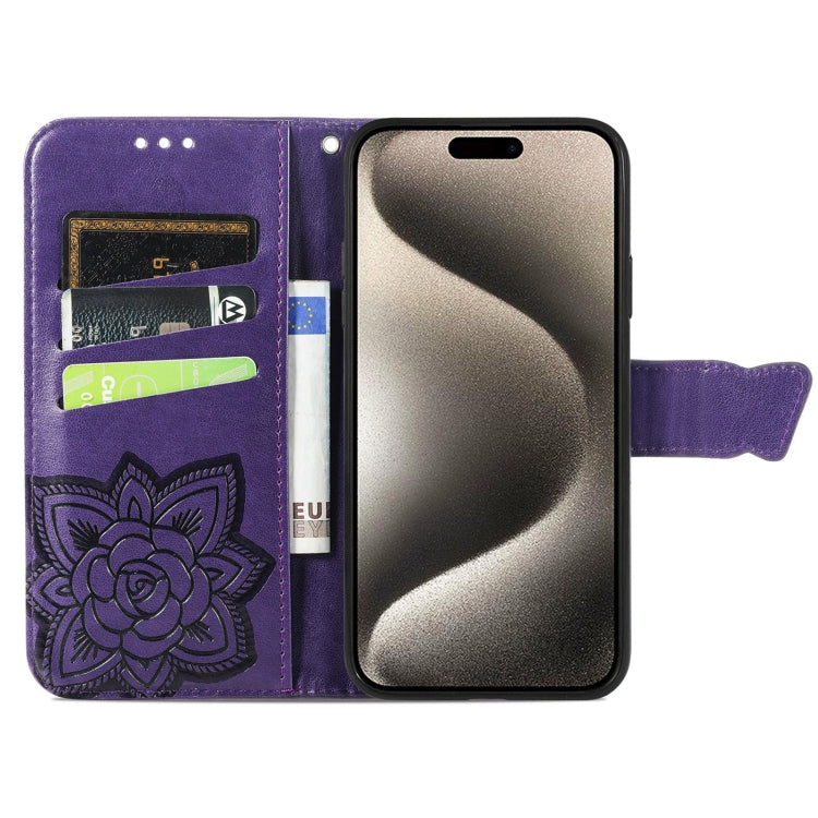 For iPhone 16 Butterfly Love Flower Embossed Leather Phone Case