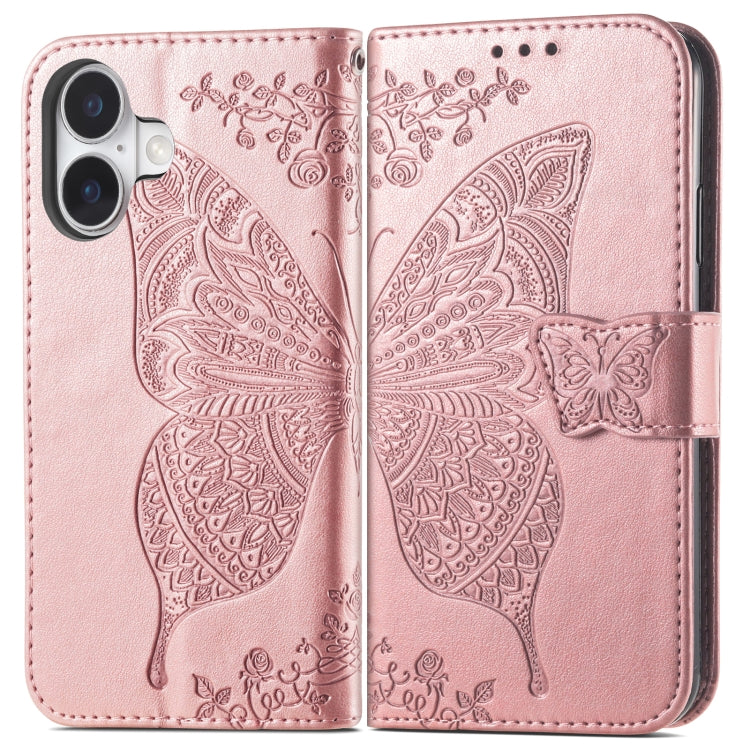 For iPhone 16 Butterfly Love Flower Embossed Leather Phone Case