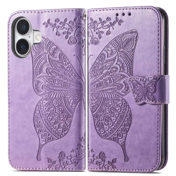 For iPhone 16 Butterfly Love Flower Embossed Leather Phone Case