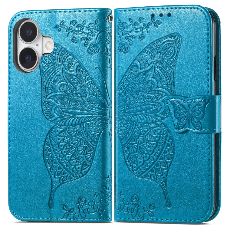 For iPhone 16 Butterfly Love Flower Embossed Leather Phone Case