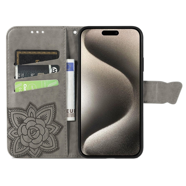 For iPhone 16 Butterfly Love Flower Embossed Leather Phone Case