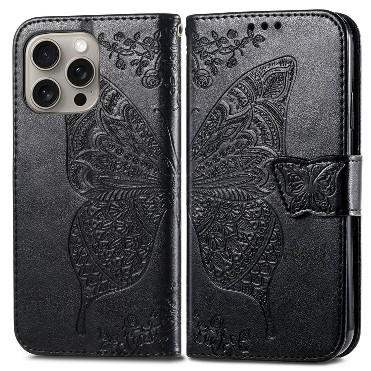 For iPhone 16 Pro Butterfly Love Flower Embossed Leather Phone Case