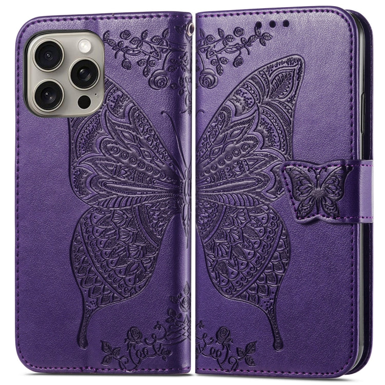 For iPhone 16 Pro Butterfly Love Flower Embossed Leather Phone Case