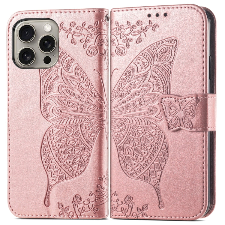 For iPhone 16 Pro Butterfly Love Flower Embossed Leather Phone Case