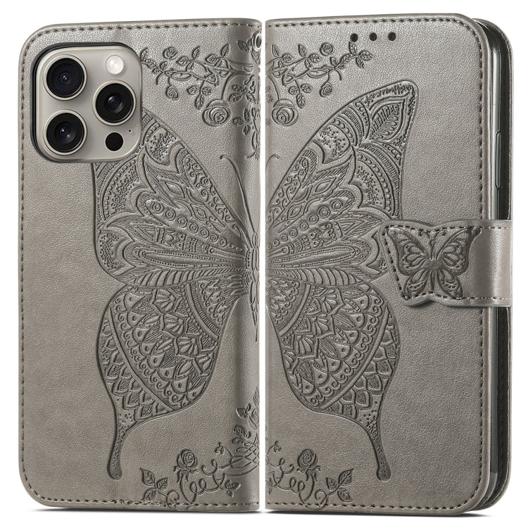 For iPhone 16 Pro Butterfly Love Flower Embossed Leather Phone Case