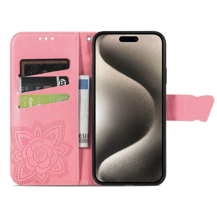 For iPhone 16 Plus Butterfly Love Flower Embossed Leather Phone Case