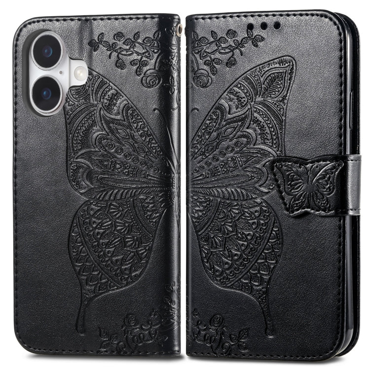 For iPhone 16 Plus Butterfly Love Flower Embossed Leather Phone Case