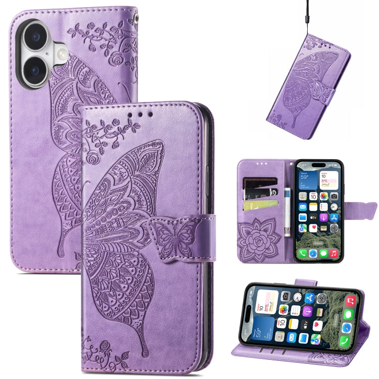 For iPhone 16 Plus Butterfly Love Flower Embossed Leather Phone Case