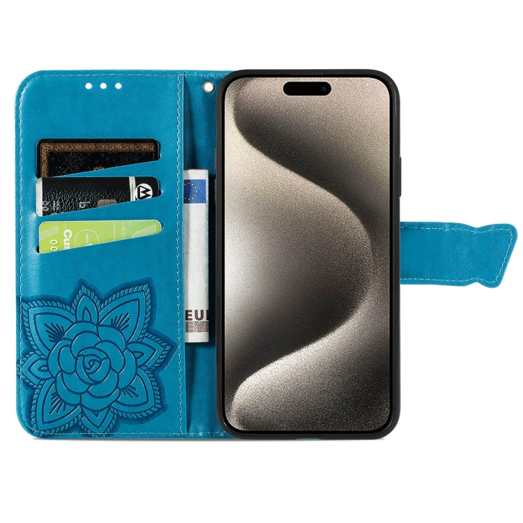 For iPhone 16 Plus Butterfly Love Flower Embossed Leather Phone Case