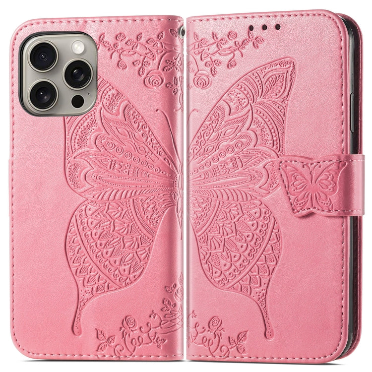 For iPhone 16 Pro Max Butterfly Love Flower Embossed Leather Phone Case