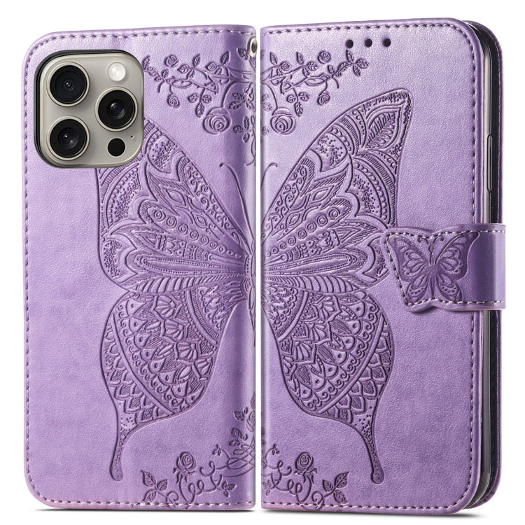 For iPhone 16 Pro Max Butterfly Love Flower Embossed Leather Phone Case