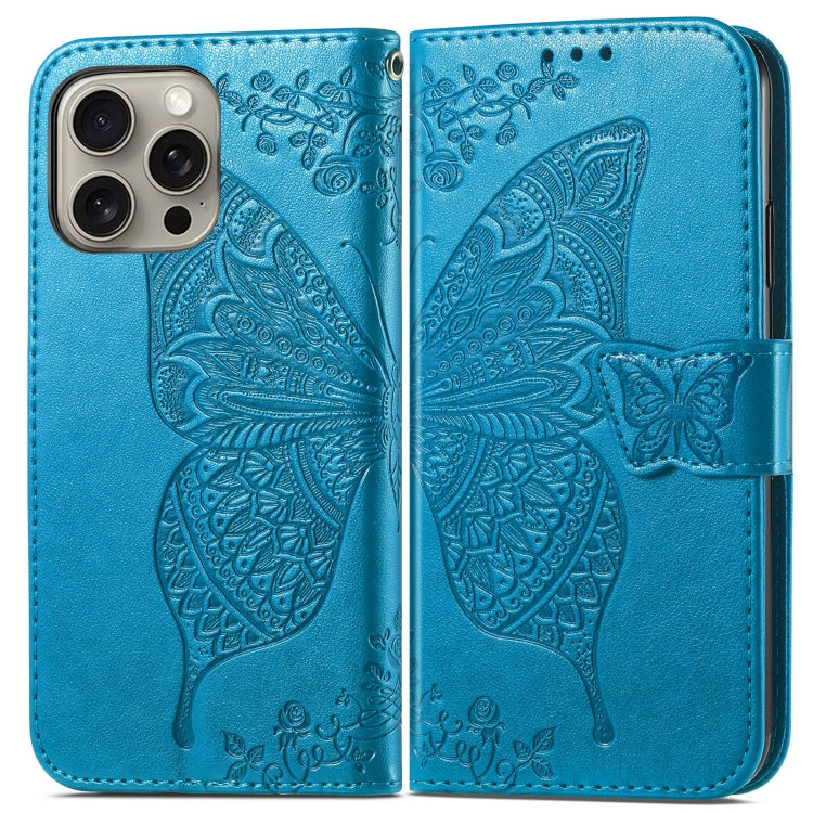 For iPhone 16 Pro Max Butterfly Love Flower Embossed Leather Phone Case