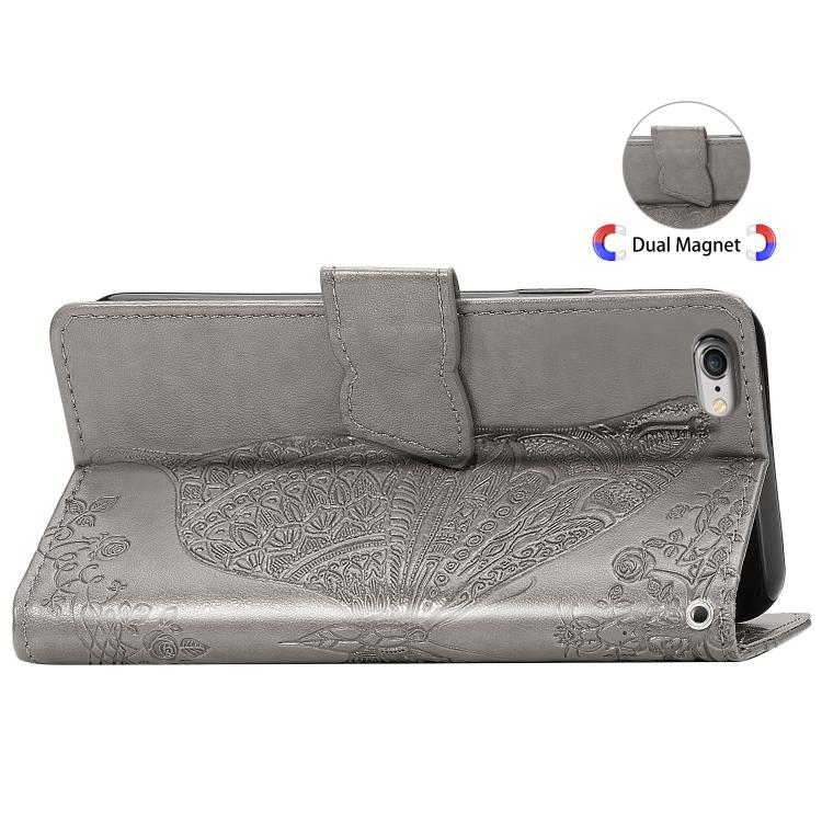 For iPhone 17e / 16e Butterfly Love Flower Embossed Leather Phone Case