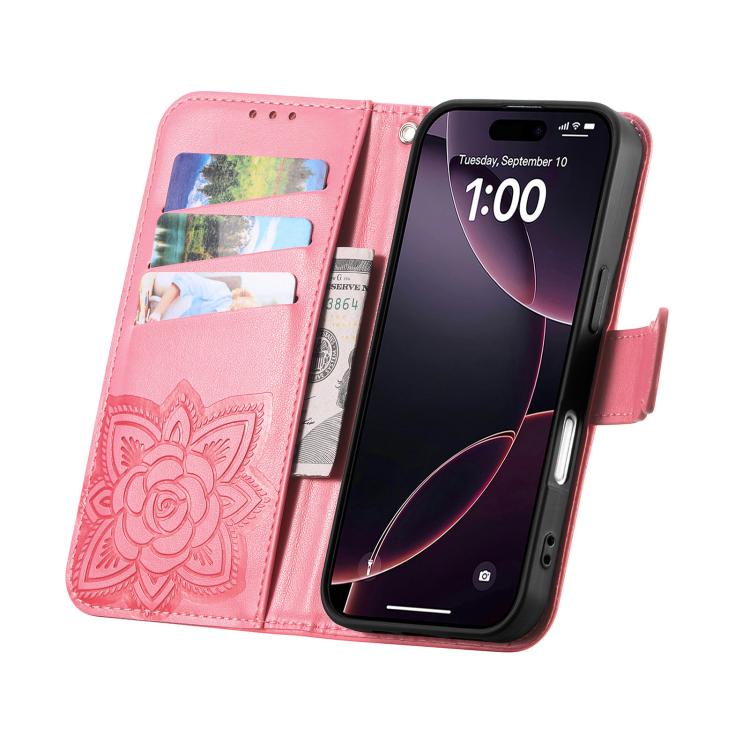 For iPhone 17 Butterfly Love Flower Embossed Leather Phone Case