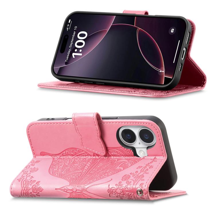 For iPhone 17 Butterfly Love Flower Embossed Leather Phone Case