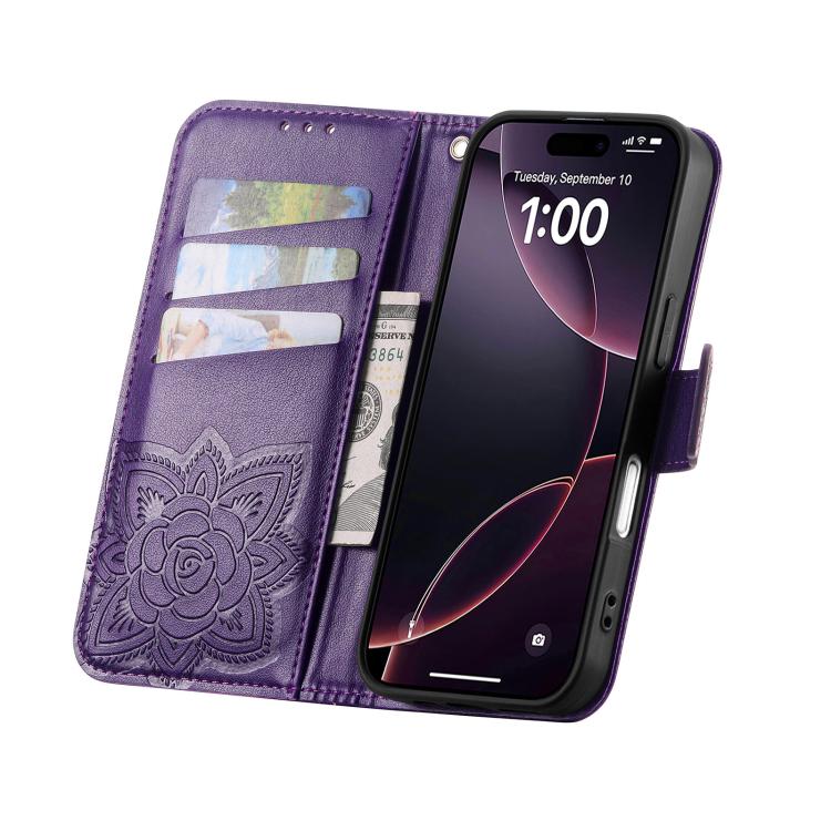 For iPhone 17 Butterfly Love Flower Embossed Leather Phone Case