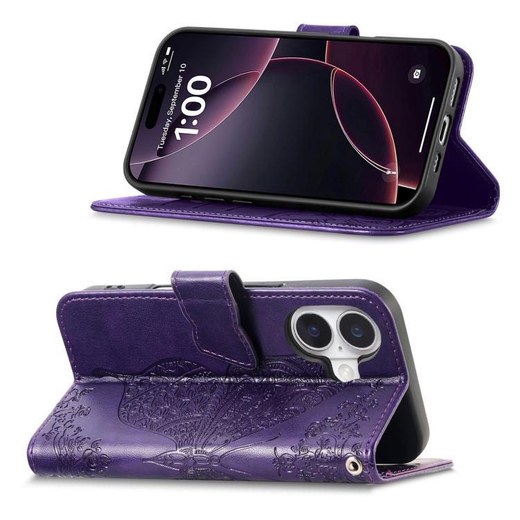 For iPhone 17 Butterfly Love Flower Embossed Leather Phone Case