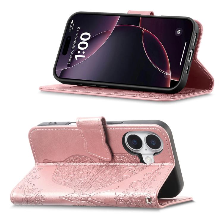 For iPhone 17 Butterfly Love Flower Embossed Leather Phone Case