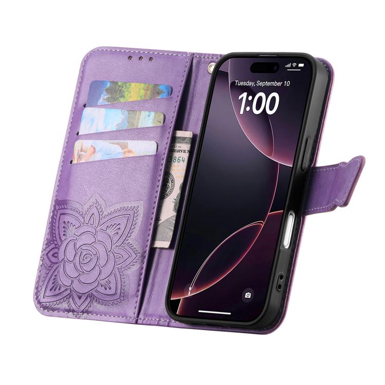 For iPhone 17 Butterfly Love Flower Embossed Leather Phone Case