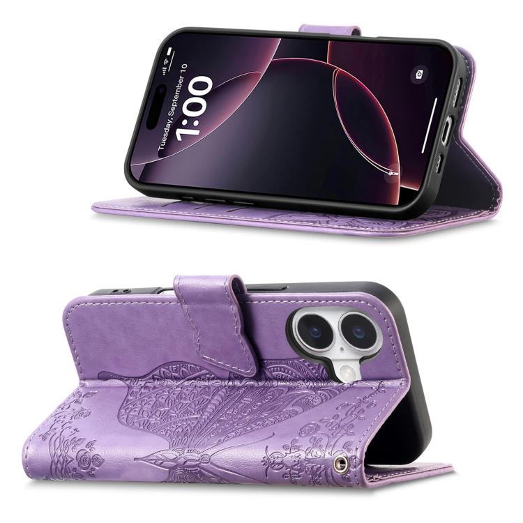 For iPhone 17 Butterfly Love Flower Embossed Leather Phone Case