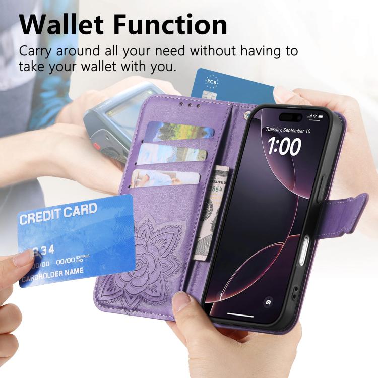 For iPhone 17 Butterfly Love Flower Embossed Leather Phone Case