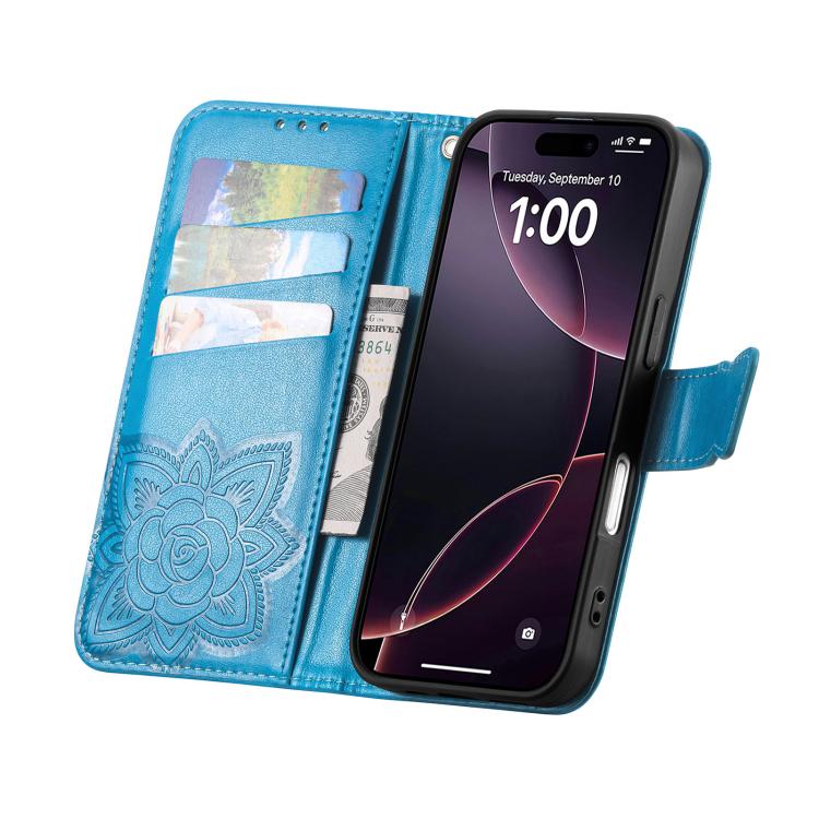 For iPhone 17 Butterfly Love Flower Embossed Leather Phone Case