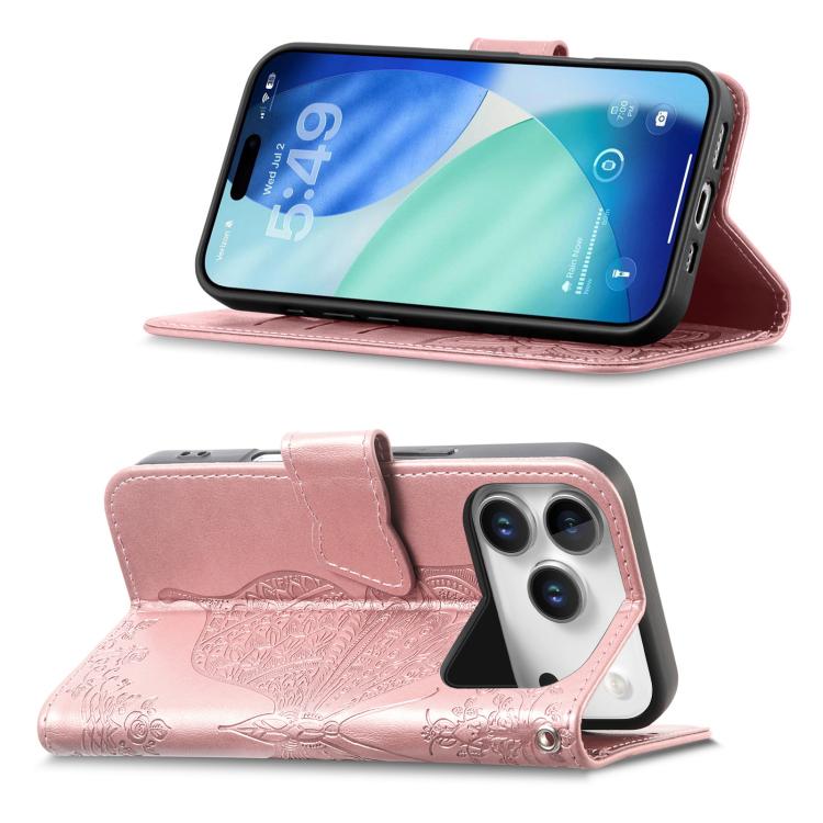For iPhone 17 Pro Butterfly Love Flower Embossed Leather Phone Case
