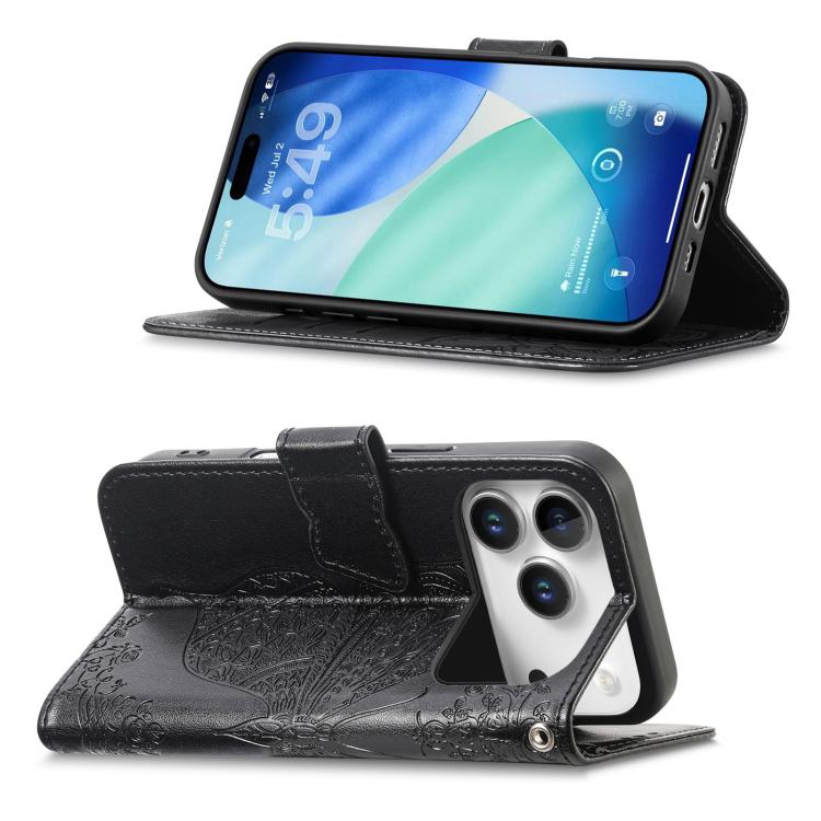 For IPhone 17 Pro Max Butterfly Love Flower Embossed Leather Phone Case