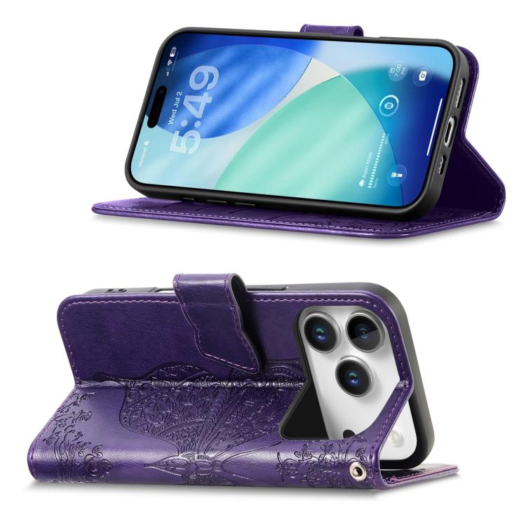 For IPhone 17 Pro Max Butterfly Love Flower Embossed Leather Phone Case