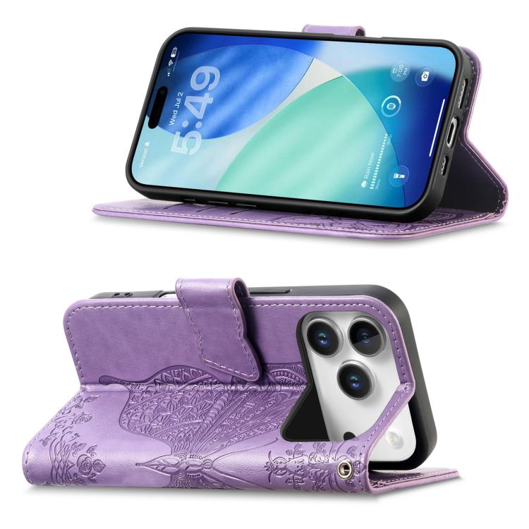 For IPhone 17 Pro Max Butterfly Love Flower Embossed Leather Phone Case