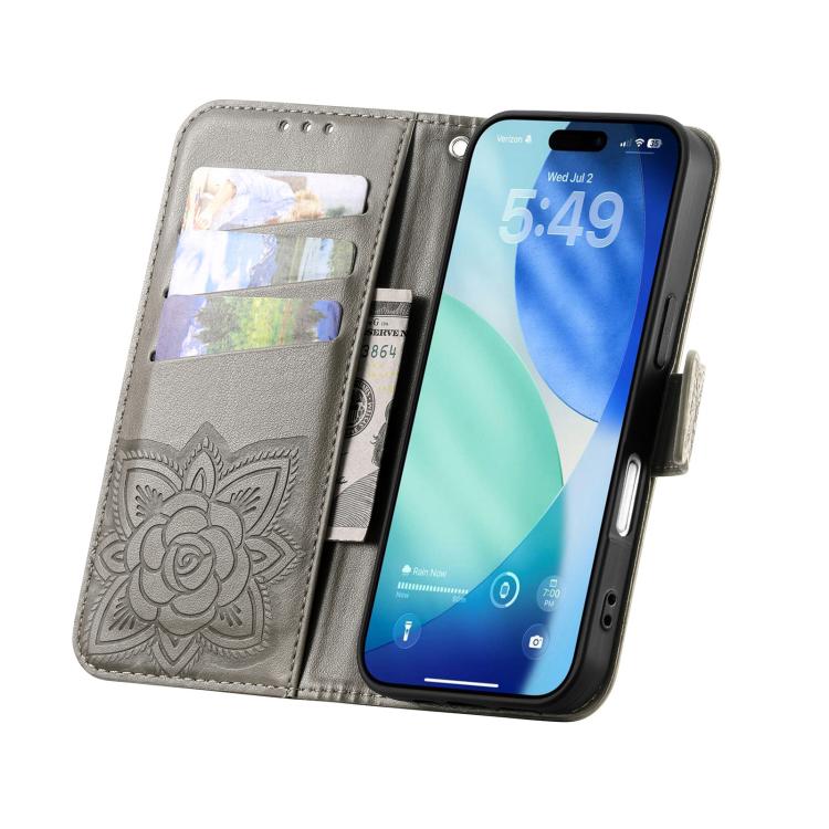 For IPhone 17 Pro Max Butterfly Love Flower Embossed Leather Phone Case