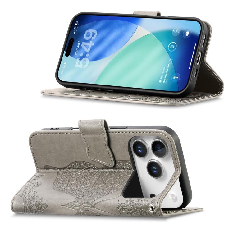 For IPhone 17 Pro Max Butterfly Love Flower Embossed Leather Phone Case