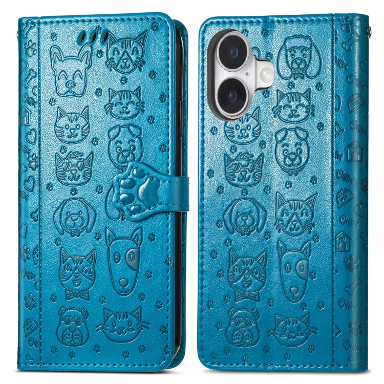 For iPhone 16 Cat and Dog Embossed Leather Phone Case