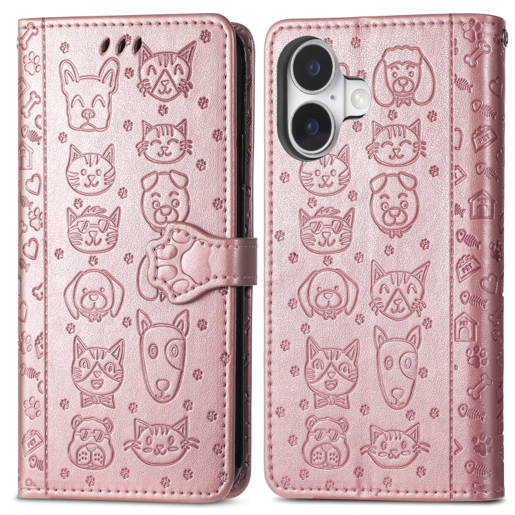 For iPhone 16 Cat and Dog Embossed Leather Phone Case