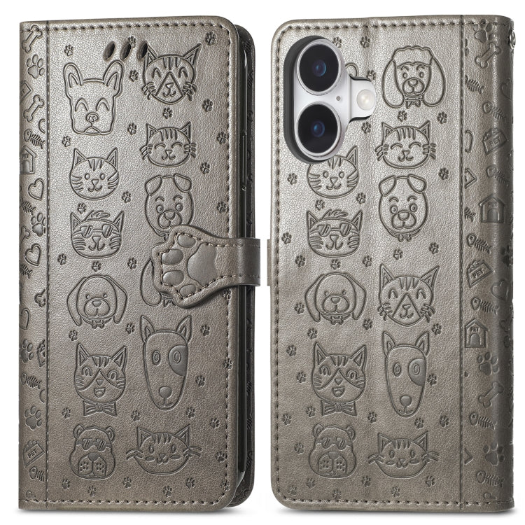 For iPhone 16 Cat and Dog Embossed Leather Phone Case